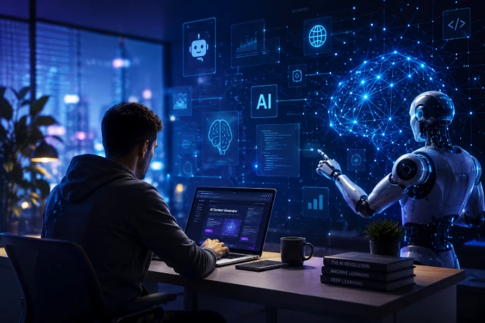 شخص يستخدم أدوات الذكاء الاصطناعي لإنشاء مشروع رقمي.