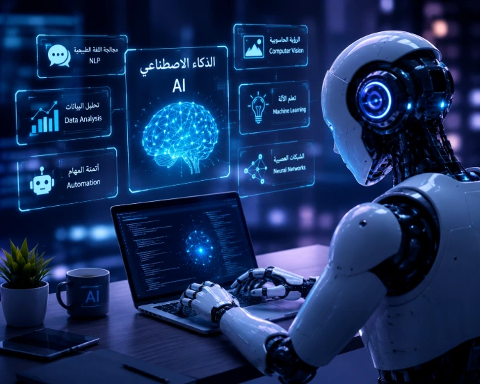 لوحة تحكم تعرض أدوات وتقنيات الذكاء الاصطناعي وتحليل البيانات.