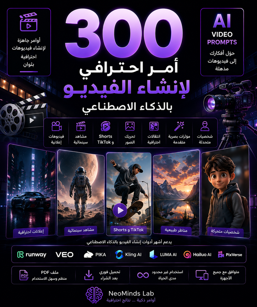 حزمة 300  أمر احترافي لإنشاء الفيديو بالذكاء الاصطناعي